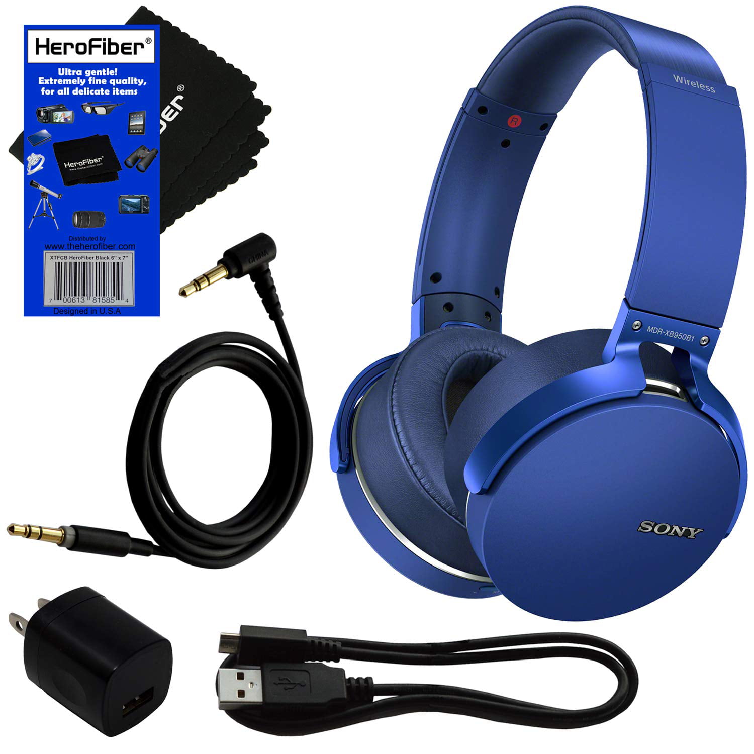 Sony Bluetooth Wireless Over Ear Headphones With Extra Bass App Control Mdrxb950b1 Blue Usb Cable Wall Charger Headphone Cable Herofiber Cleaning Cloth Walmart Com Walmart Com