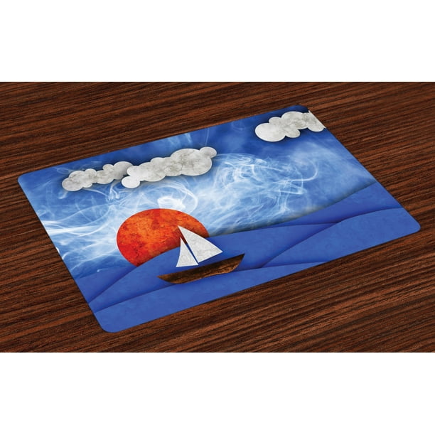 Nautical Placemats Set of 4 Sailing Ship with Sun and Clouds in Mist Water with Waves Funky