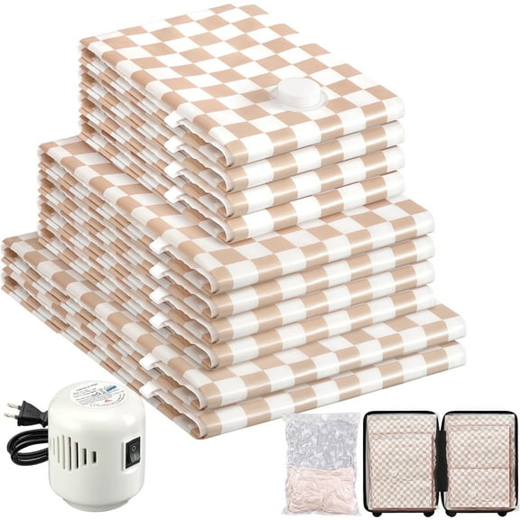 Livhil 10 Combo Vacuum Storage Bags with Electric Pump, Reusable Travel Vacuum Storage Bags for Clothes Compression, Space Saver Travel Essentials (Pink plaid)