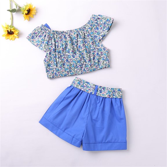 Vedolay Short Sets For Girl 2 Piece Girl's 2 Piece Outfits Floral Print Half Sleeve Tee Shirt and Biker Shorts Set,Blue 4-5 Years