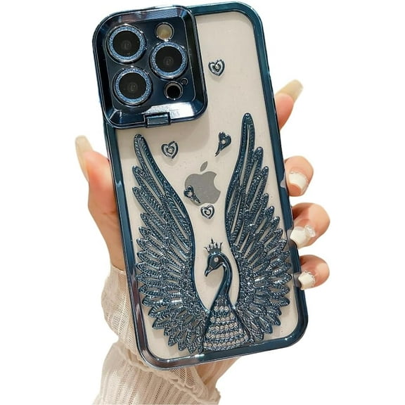 Compatible with iPhone Case,Electro Plated Frame Swan Wings,Glitter Camera Lens Protection Clear Soft Shockproof Cover Phone Case (Blue,iPhone 14 Pro)