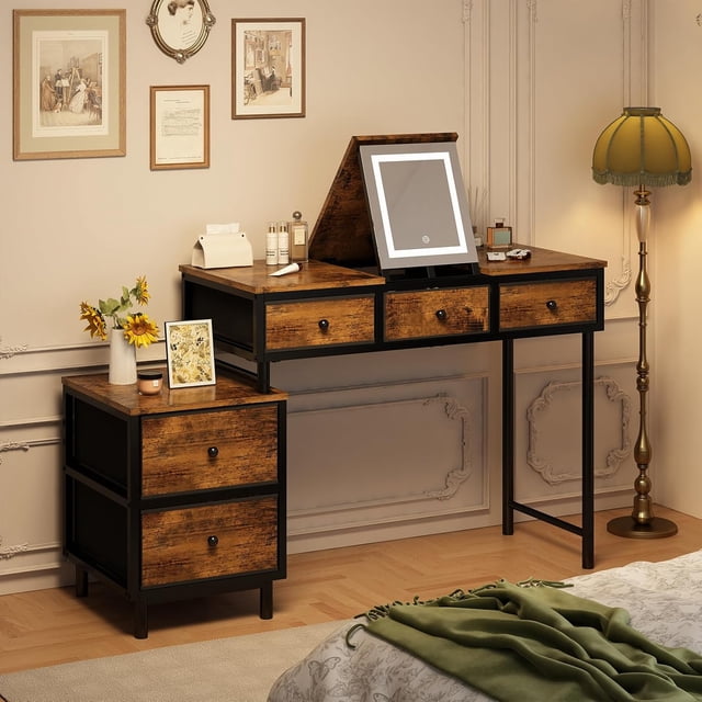 Tocador con espejo plegable, tocador con espejo táctil LED ajustable, tocador con 3 cajones y 2 gabinetes para maquillaje y niñas, muebles de dormitorio de maquillaje simples y modernos