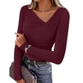 thumbnail image 2 of ClodeEU Women's Long Sleeve Asymmetrical Neck Ruched Shirts,Spring Fashion Casual Slim Fit Tee Wine,Womens Plus XXL, 2 of 6