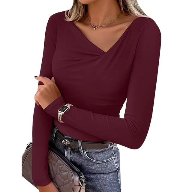 Camisa de Capa Base de Cuello en V de Color Sólido Casual de Manga Larga de las Mujeres con Poliéster Suave, Blusa de Manga Larga de Moda para Otoño Invierno Diario