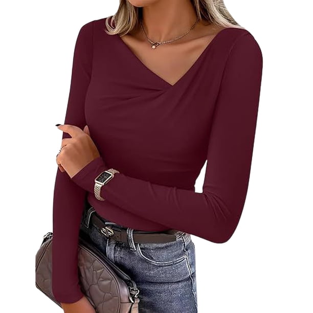 Camisa de Capa Base de Cuello en V de Color Sólido Casual de Manga Larga de las Mujeres con Poliéster Suave, Blusa de Manga Larga de Moda para Otoño Invierno Diario