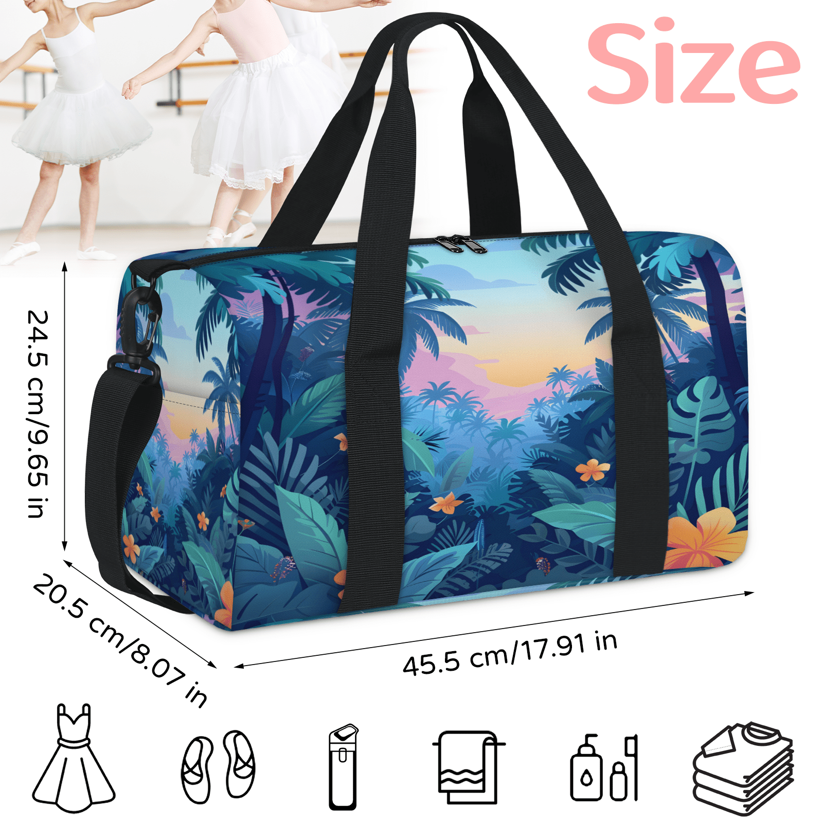 Herdesigns Tropical Rainforest Gym Bag for Women, Duffle Bag for Travel Sport, Flower Lightweight Waterproof Carry on Weekender Dance Yoga Workout Bags