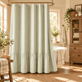 thumbnail image 2 of Green Striped Farmhouse Shower Curtain with Ruffle Hem, 72 x 72 Inch Linen Textured Rustic Shower Curtain for Bathroom, Vintage Country Cottage Style, Green and Cream, 2 of 9