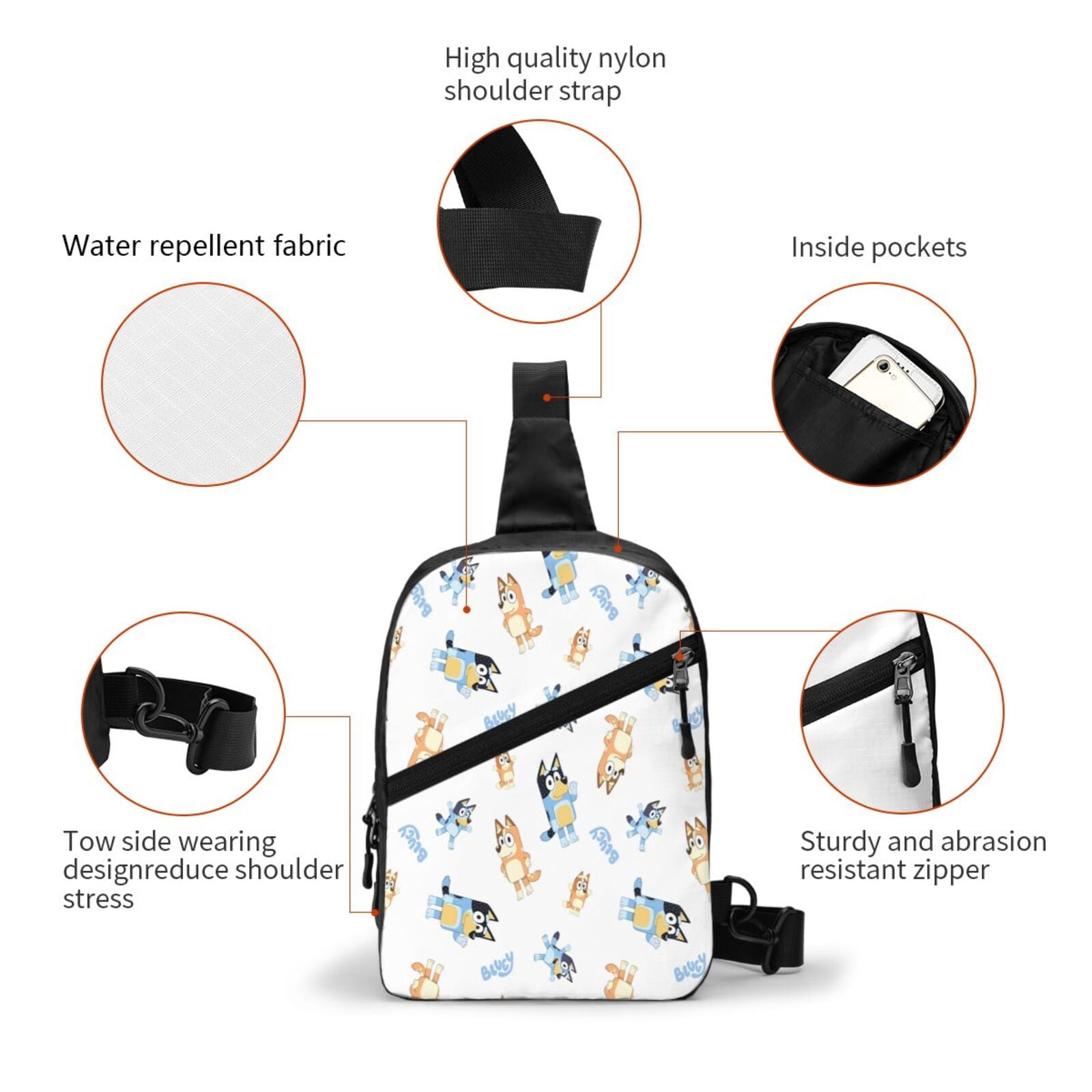 Kowoue Bluey Pattern Chest Pack Crossbody Bag - Portable and Lightweight Sling Bag for Travel, Hiking, Shopping with Adjustable Strap and Zipper Pockets