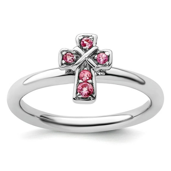 2.25mm 925 Sterling Silver Stackable Rhodium Pink Tourm. Religious Faith Cross Ring Size 7 Stackable Ring for Women