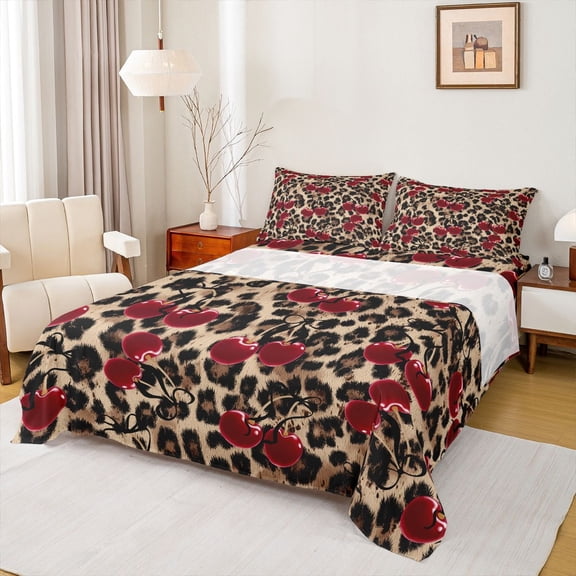 Feelyou Cartoon Cherry Teen Queen Sheet Sets, Brown Cheetah Print Bed Set, 4 Pieces
