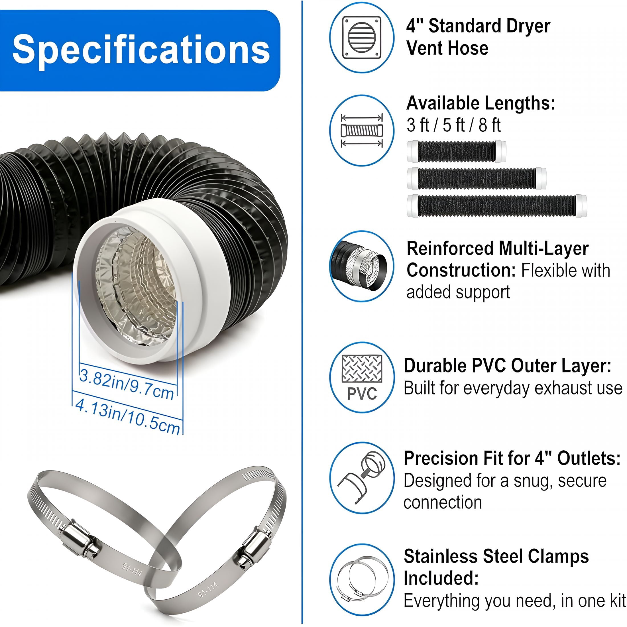 HIBIBUD 4" X 8Ft Flexible Dryer Vent Hose,6-Layer Aluminum Duct W/ Rubber Seals & Clamps,Heat-Resistant Exhaust Hose for Tight Spaces,Universal Dryer Vent Kit