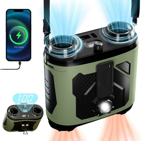 Portable Waist Fan, 12000mAh Rechargeable 100-Speed 22000RPM Dual Air Outlet Strong Airflow with Flashlight, 30H Runtime Hanging Neck Fan Wearable Belt Fan for Camping, Outdoor, Jobsite, Traveling