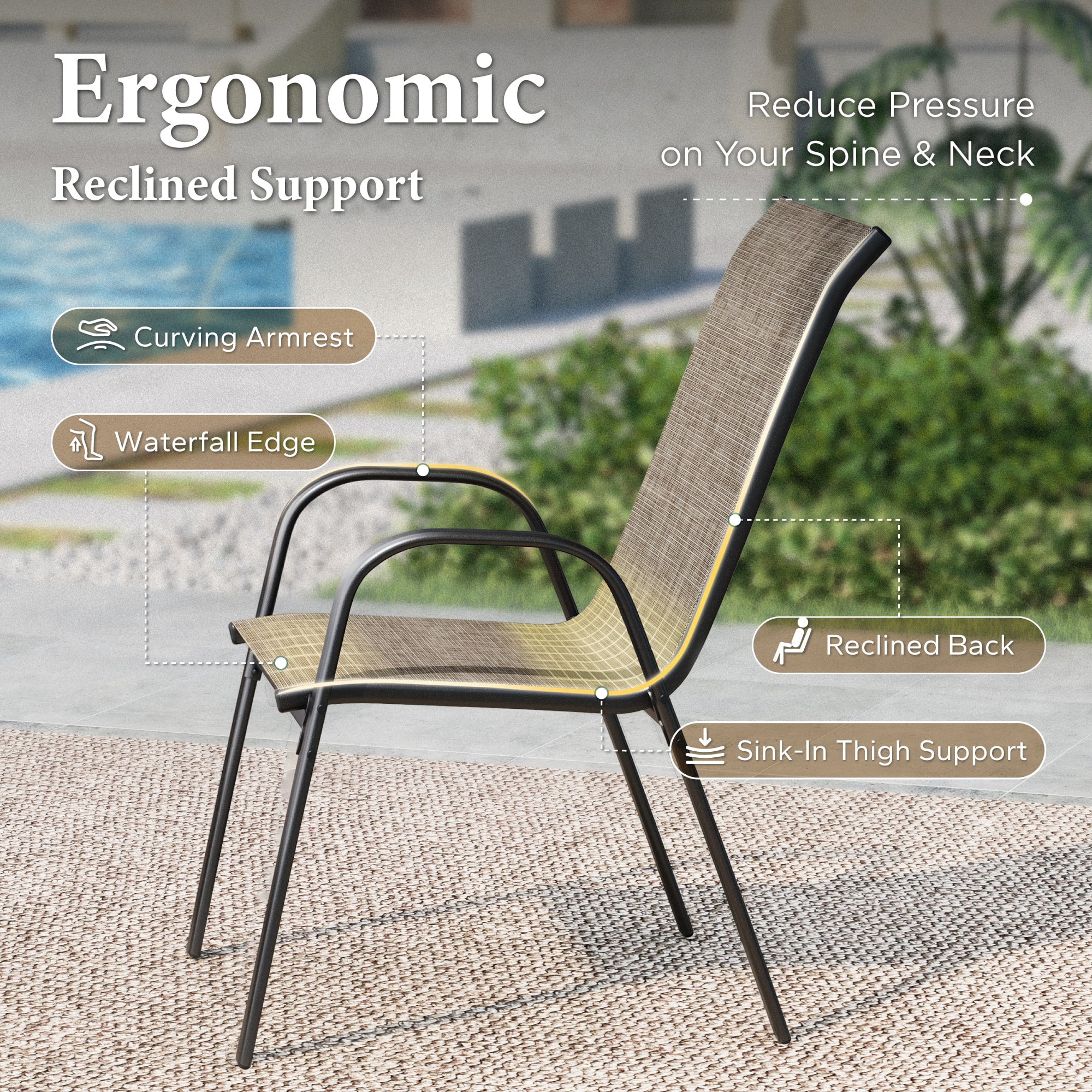 9-Piece Outdoor Patio Dining Set, 8 Stackable Textilene Chairs (Weight Capacity 350 lbs) and Metal Steel Table with Umbrella Hole, Black & Grayish-brown