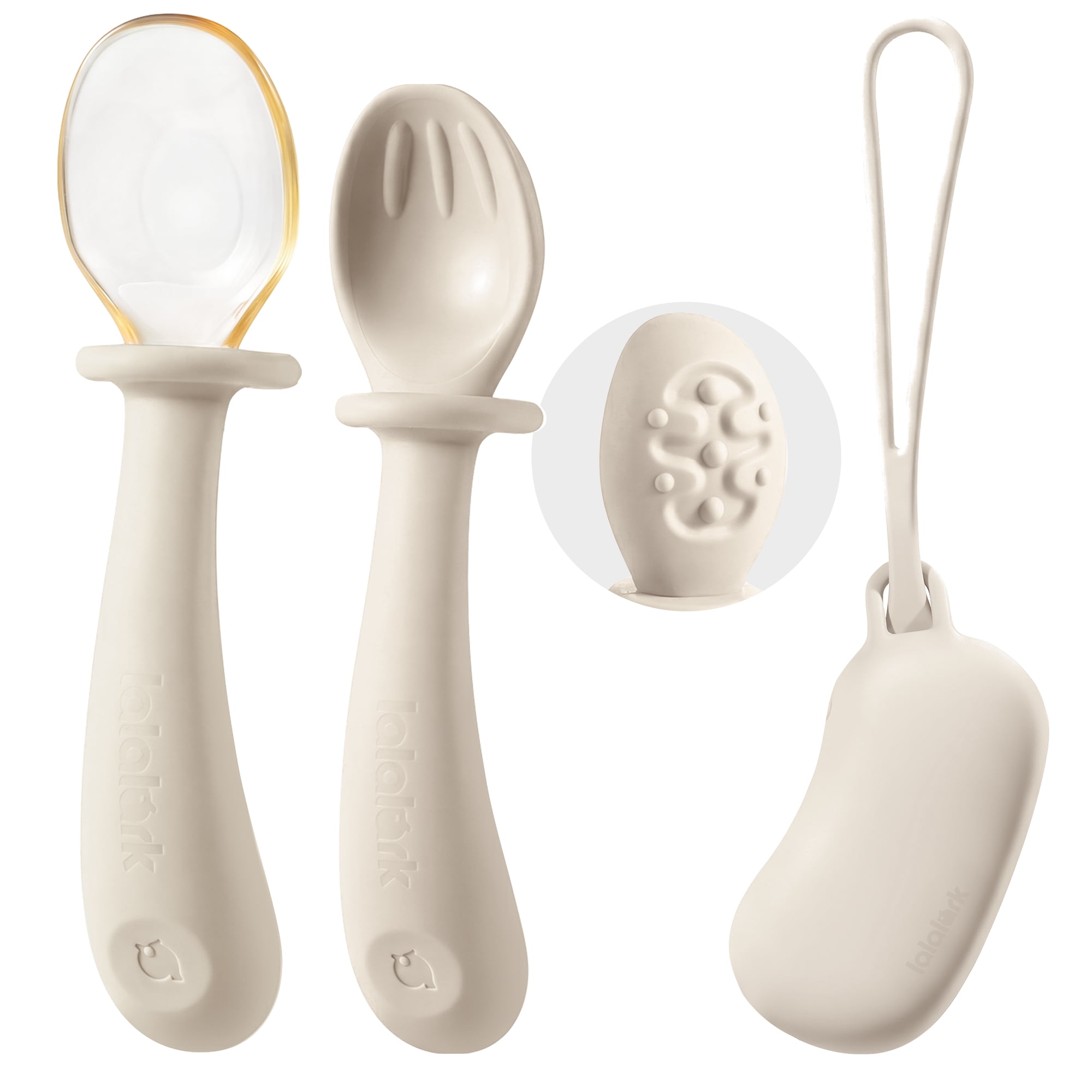 Lalalarkk Silicone Baby Spoons Set with Travel Case – 2-in-1 Growth Training Spoon for 6-12 Months & 1-3 Years, Soft Silicone + PPSU Hard Spoon, Self-Feeding Feeding Essentials, BPA Free,Beige