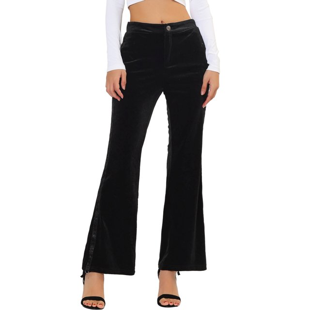 INSPIRE CHIC Pantalones acampanados para mujer Pantalones acampanados de terciopelo de pierna ancha con rayas brillantes y bolsillos Negro L