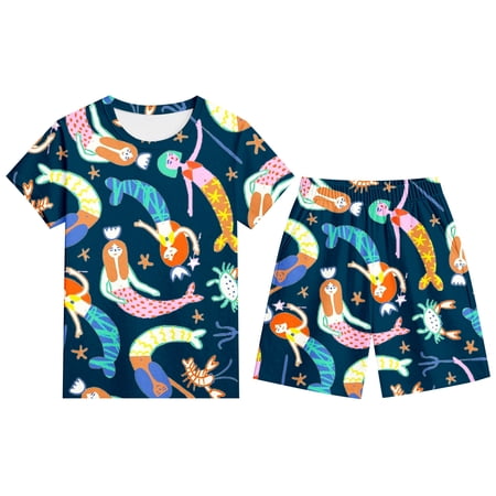 Boys Summer Outfits 2 Piece Cartoon Print Crew Neck Short Sleeve T Shirt And Shorts for Outdoor Play Baby Boys Clothing Sets Dark Blue 4 Years-5 Years
