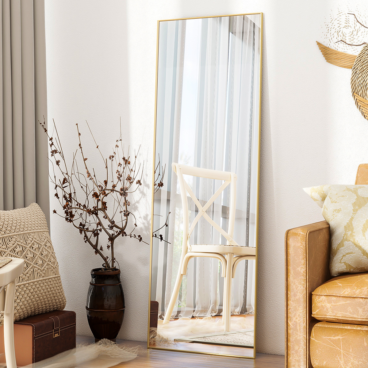 Anyrose 59.1"x16" Rectangle Full Length Mirror Metal Frame Floor Mirror with Stand, Gold