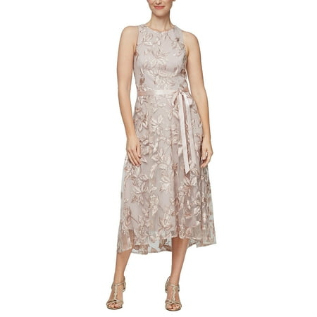 Alex Evenings Crew Neck Sleeveless Back Zipper Midi Embroidered Dress-CHAMPAGNE / 14