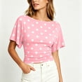 thumbnail image 6 of ClodeEU Women's Polka Dot Short Sleeve Blouse,Crew Neck Puff Sleeve Ruched Waist Crop Top Pink,Women's Plus S, 6 of 9
