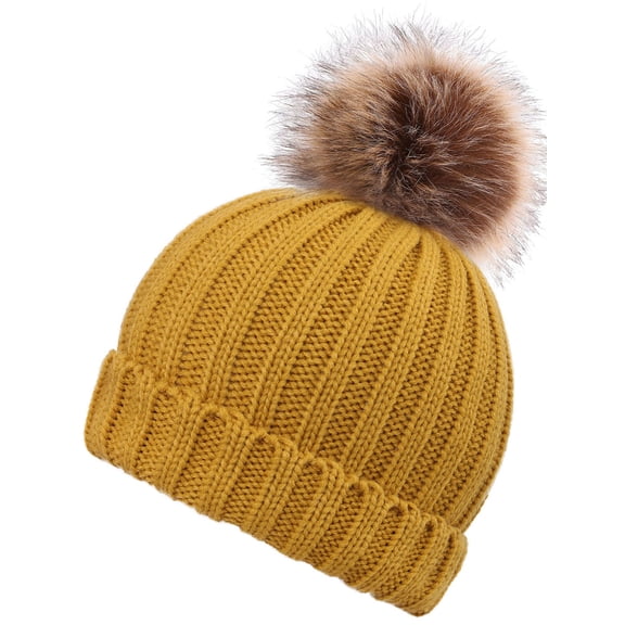 Unisex Cable Knit Beanie Hat with Faux Fur Pom Pom Yellow