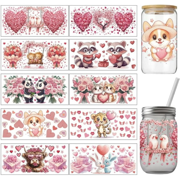 1 Set 10 Sheets UV DTF Cup Wraps for 16 OZ Glass Cups 10 Styles Pink Animals Flowers Hearts Rub on Transfers PVC Transfer Stickers Waterproof Rub Decals for DIY Your Valentine's Day Presents