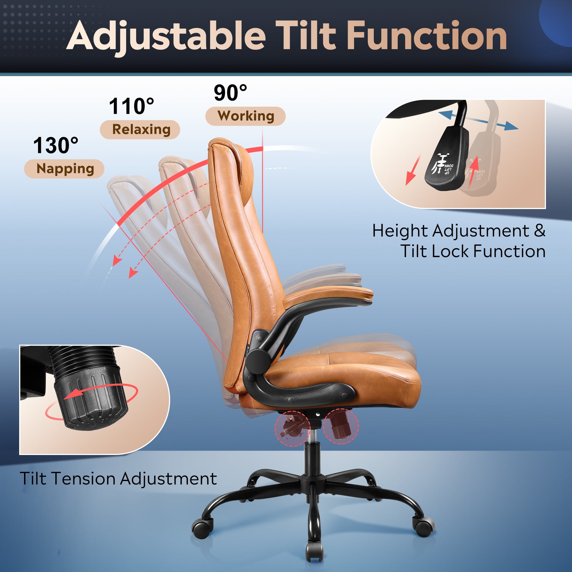 GALAXHERO Ergonomic High Back Office and Conference Room Desk Chair, Adjustable Flip-Up Armrests and Lumbar Support, Brown