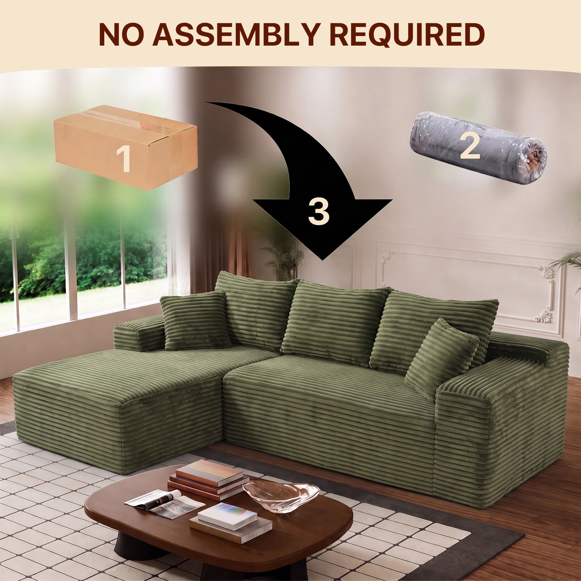Aukfa 108" Cloud Sectional Sofa Deep Seat Boneless Couch Modular L-Shaped Couch, Left Chaise Corduroy Sofa for Living Room, Green
