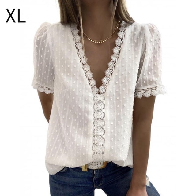 Camiseta de mujer Encaje Cuello en V Camisa de manga corta Blusa Top casual, Beige, XL Vogacara AP001454-14