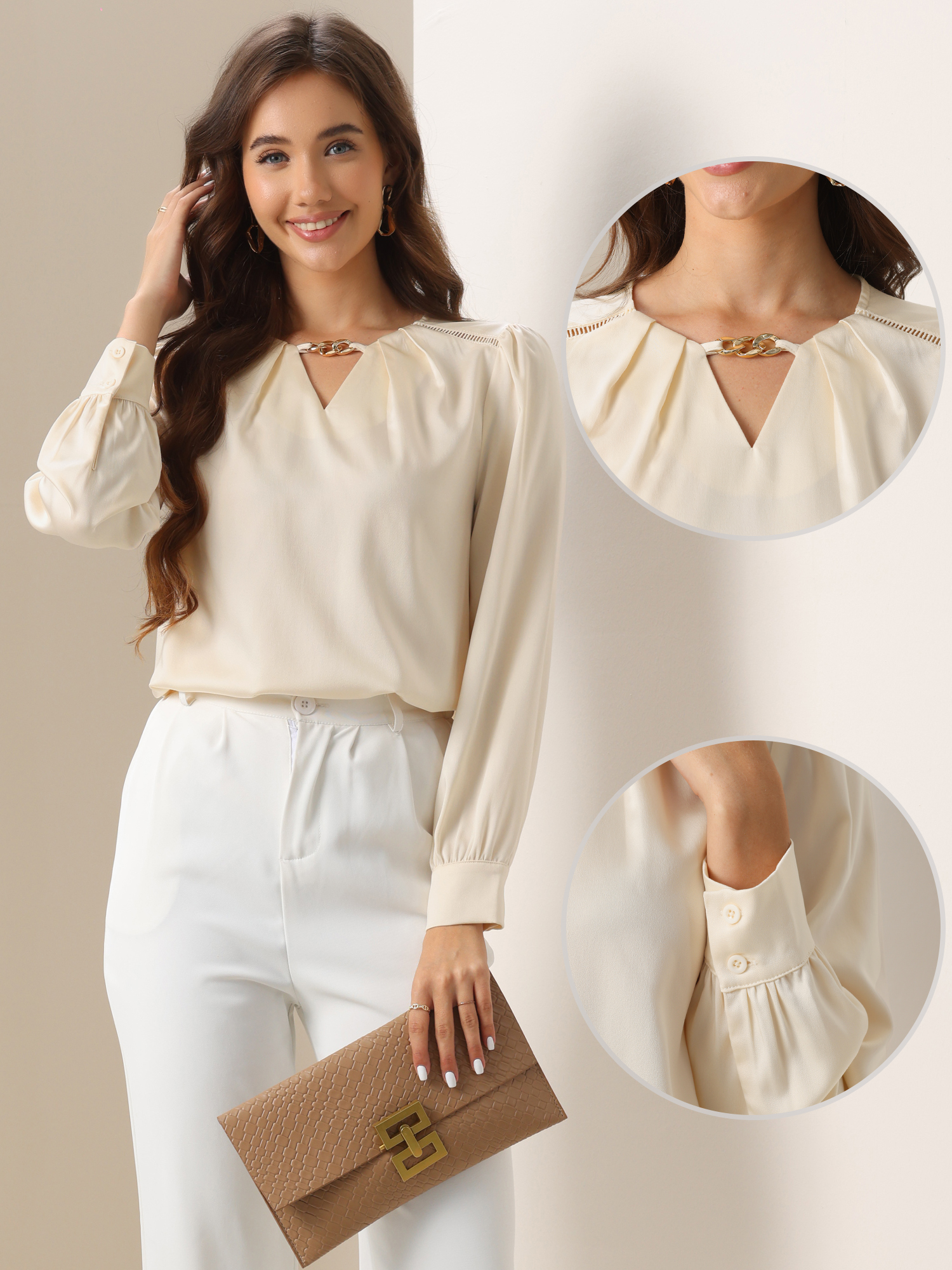 DARING DIVA Women's  Elegant Keyhole Neck Long Sleeves Top M Champagne