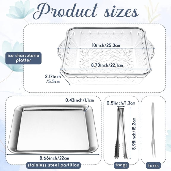 9" Chilled Serving Tray for Christmas Parties Ice Chilled Party Platter Charcuterie Serving Board Cold Dish Dip with Forks Tongs for Fruit Seafood Vegetable Appetizer(Silver,6 Set)