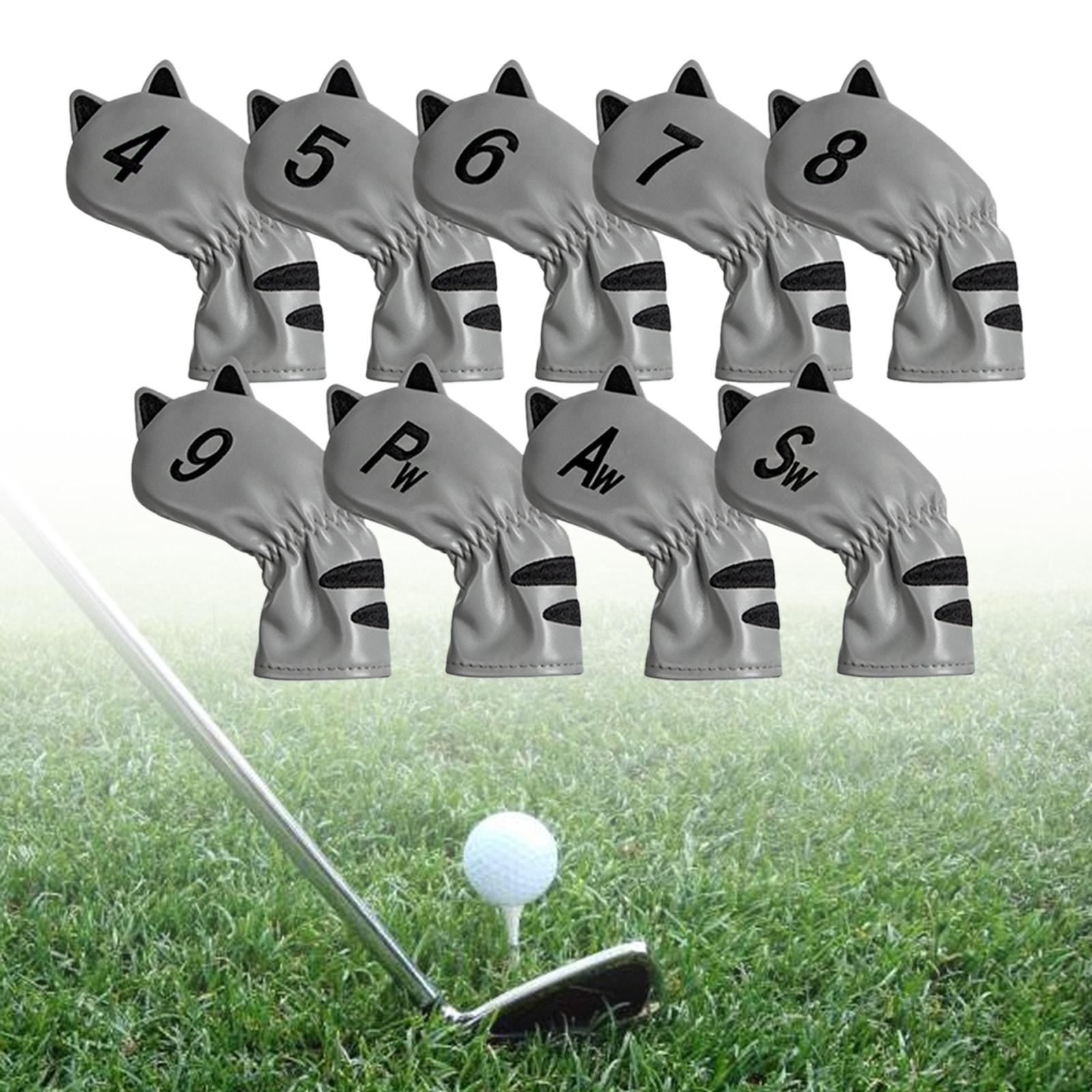 DimyFew Golf Club Head Covers Mallet Putter Cat Pattern Accessories Putter Cue Headcover 9pcs Iron Cue Grey
