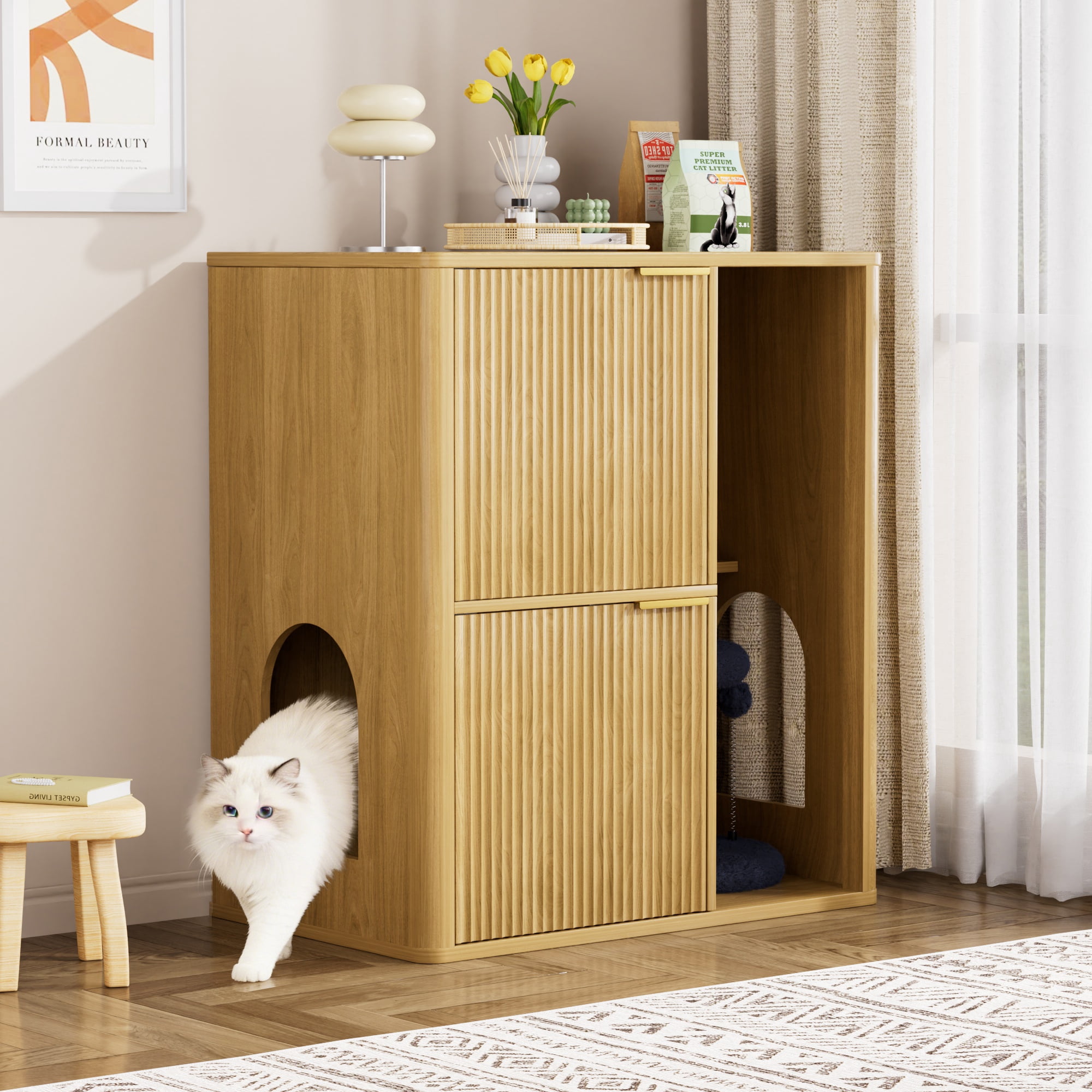 Cat Litter Cabinet with Cat Tree, Concealed Litter Box Enclosure with Dual Doors, Scratching Post and Storage Shelves, Stylish Pet Furniture for Living Room Bedroom