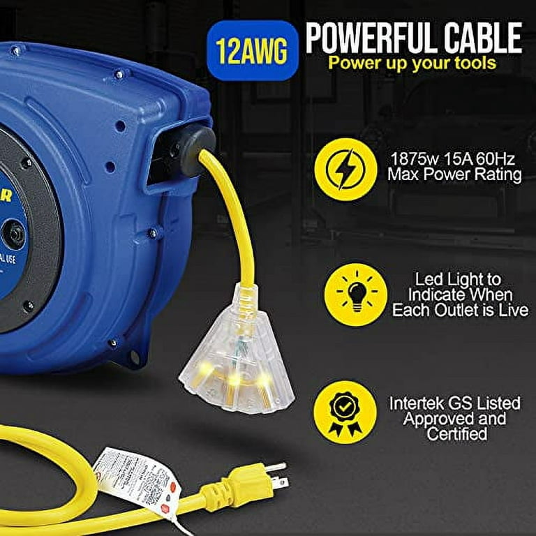 Goodyear Extension Cord Reel Heavy Duty, 40 ft., 12AWG/3C SJTOW, Triple Tap  with LED Lighted Connector 
