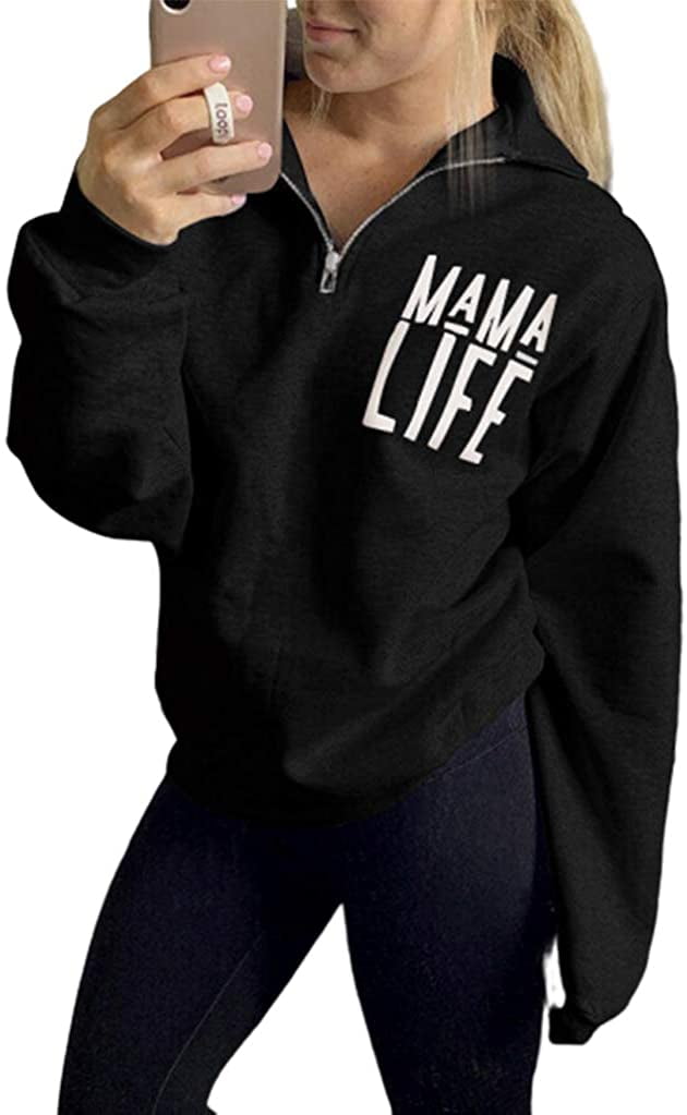 Women Mama Sweatshirt Mama Life Zip Up Pullover High Collar Quarter 1/4 Zip Coat Jacket Casual Long Sleeve Shirt Top