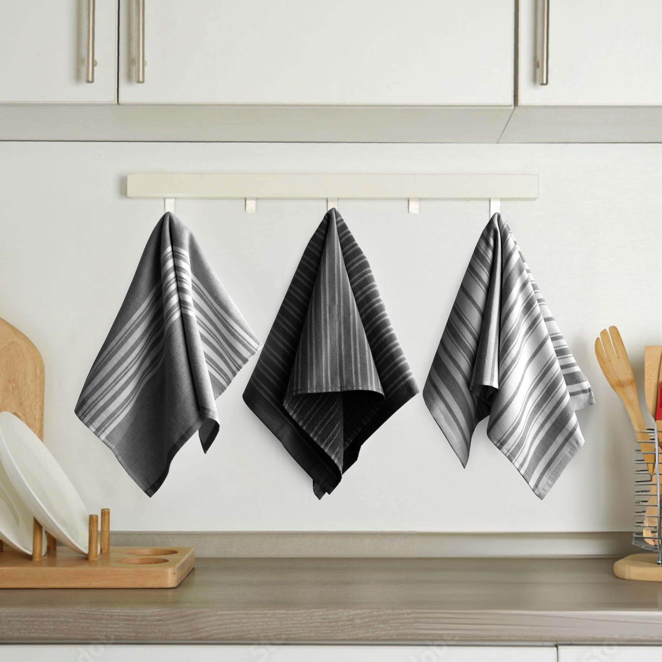 Lux Decor 6 Pack Kitchen Towels Set 16”x26” - 100% Cotton Highly Absorbent Dish Towels for Kitchen - Soft & Scratch-Free Black Hand Towels for Cleaning & Drying