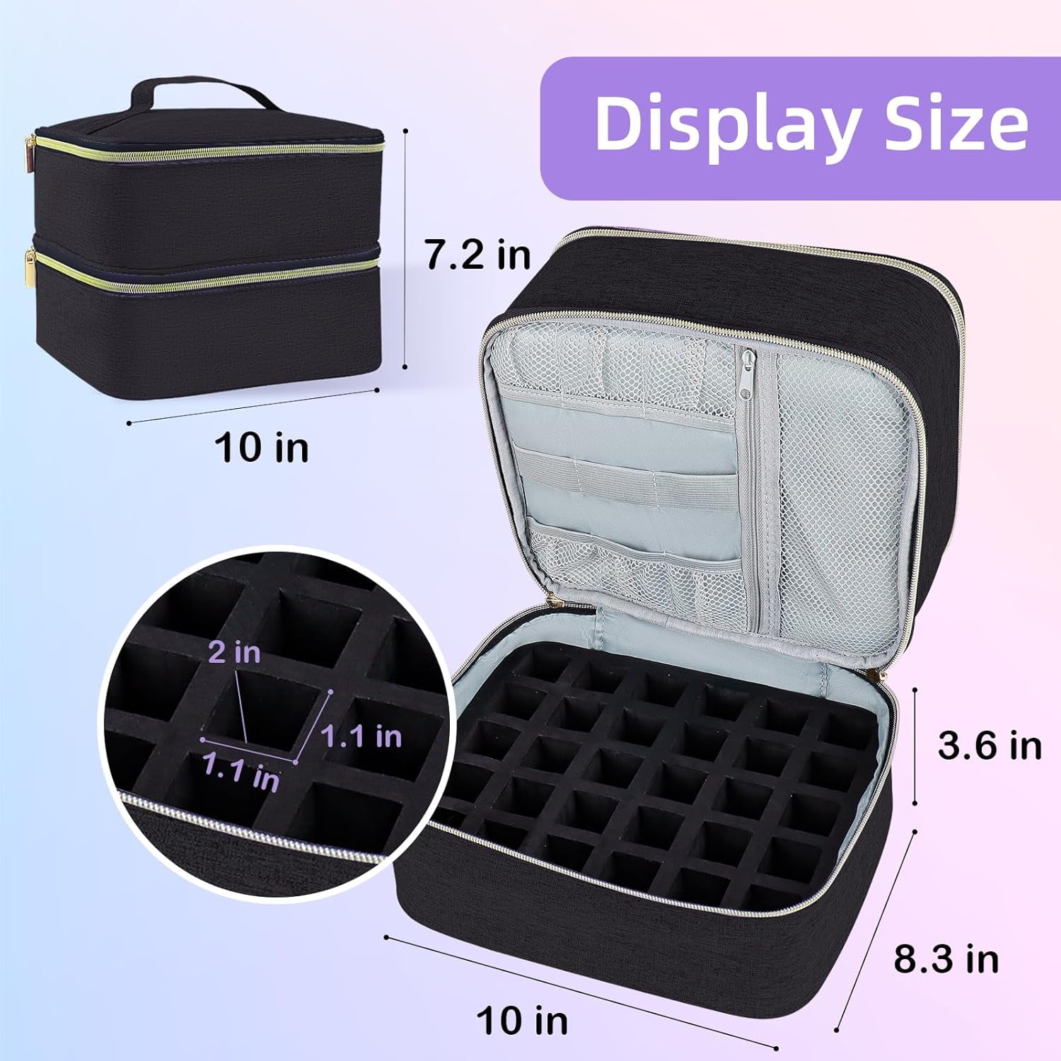 Nail Polish Organizer, Double-Layer Nail Polish Storage with Adjustable Dividers, Portable Nail Polish Bag for Nail Gel Nail Lamp and Manicure Tools Essential and Travel(Black)