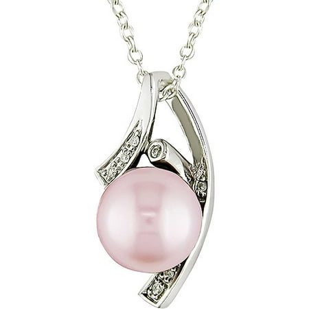9-9.5mm Pink Pearl and Diamond Accent Sterling Silver Pendant, 18"