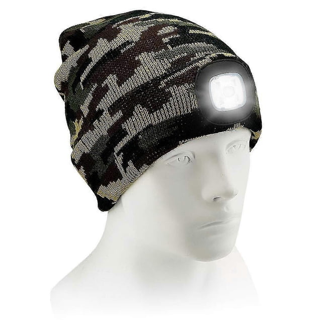 Gorro de punto con luz LED, recargable por USB, 4 luces LED, unisex, cálido, para invierno, con linterna