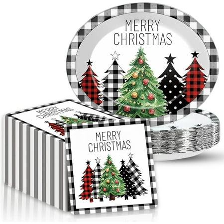 50pcs Christmas Party Oval Plates and Napkins 11inch Black Buffalo Plaid Christmas Tree Paper Plates Party Supplies Xmas Disposable Tableware for Holiday Winter Party Decorations Serve 25