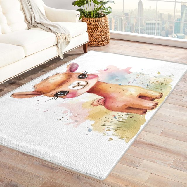 Alpaca Rugs for Bedroom - Washable Rugs Alpaca Rug & Home Decor, 5x6 Rug, Kids Girls Cute Rugs for Living Room Bedroom, Non Slip Soft Low Pile Large Indoor Area Rug, Cartoon Watercolor Animal Carpet