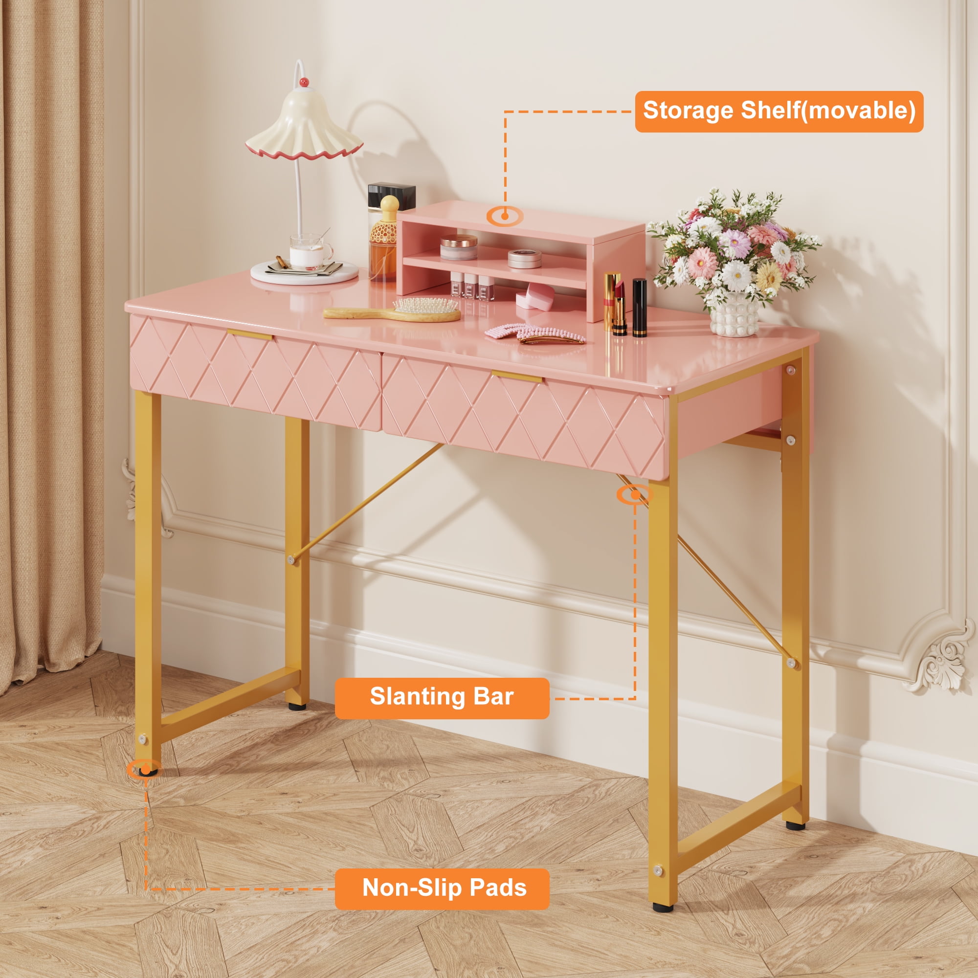 GYIIYUO Pink Modern Writing Desk with 2 Drawers, Office Desk with Glossy Curved Desktop, Computer Desk with Movable Stand for Bedroom Home Office, Pink and Gold