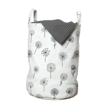 Floral Laundry Bag, Botanical Theme Monochrome Dandelion Pattern Along in Sketchy Style, Hamper Basket with Handles Drawstring Closure for Laundromats, 13" x 19", Purpleblue and White, by Ambesonne