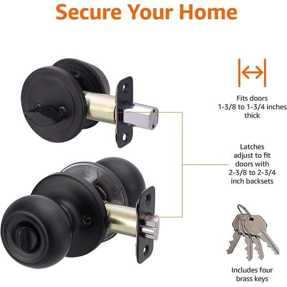 Exterior Door Knob With Key Lock and Deadbolt, Coastal, Matte Black