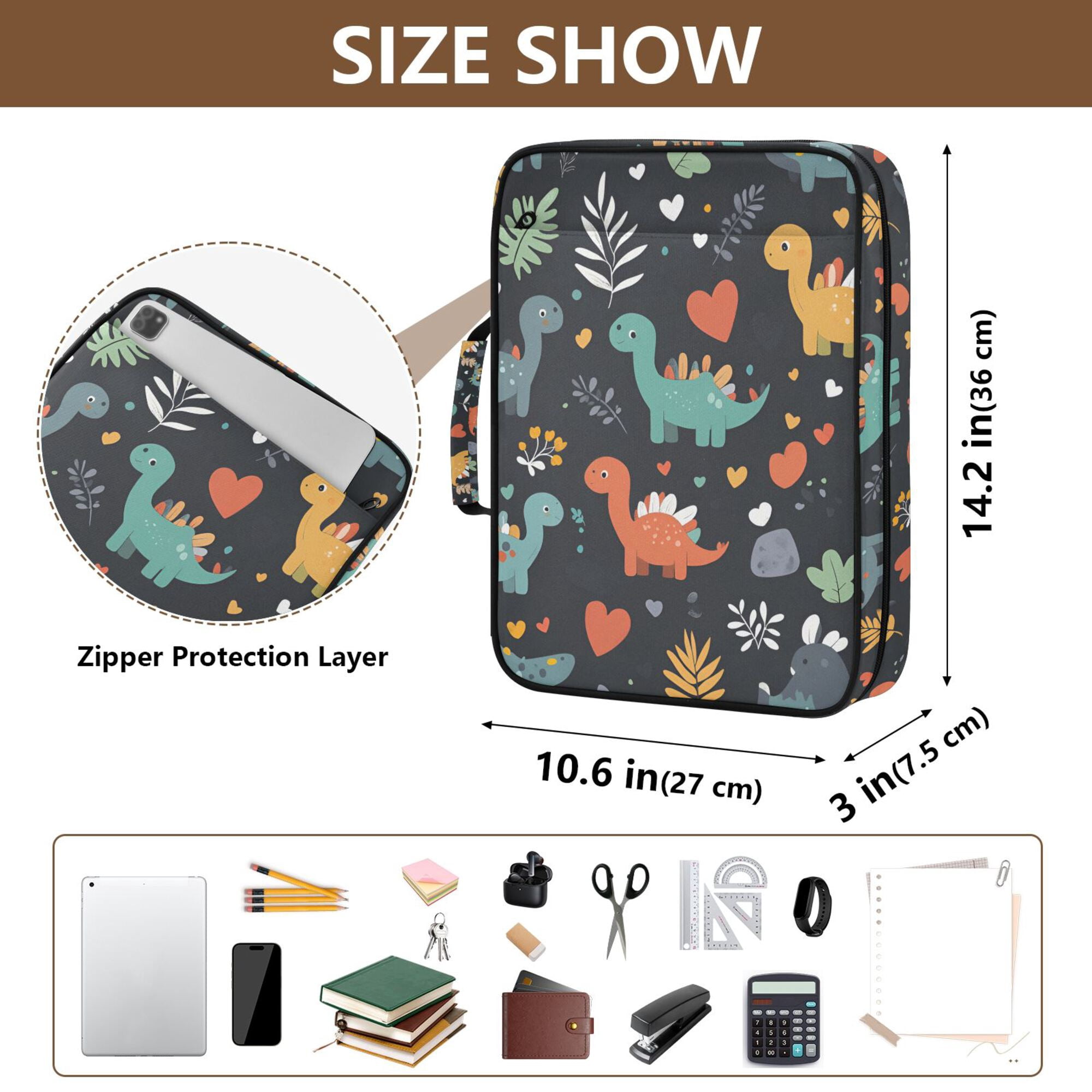 FORMRS Accordion File Folder A4 Size 7-Pocket Expanding Document Organizer Bag with 3 Ring Binder, Cute Dinosaur