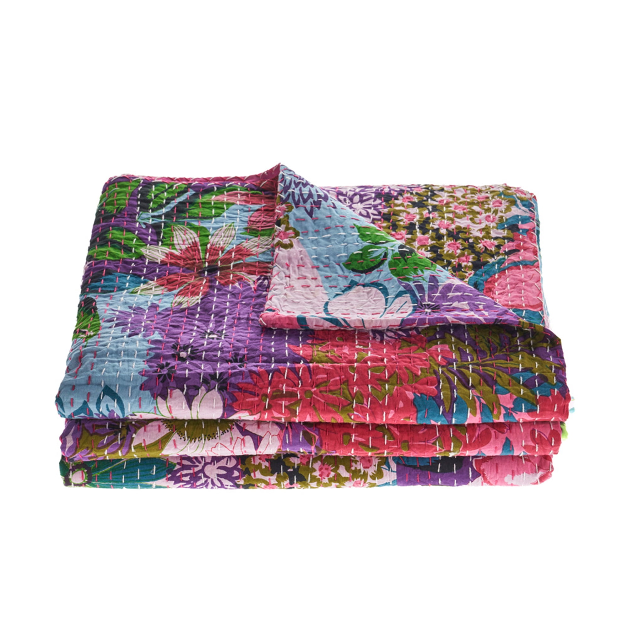 Indian Floral Twin Cotton Kantha Quilt Throw Tie Dye Print Blanket Bedspread 
