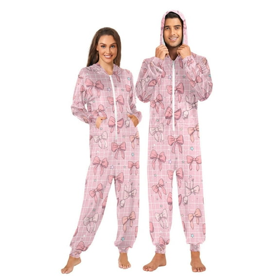 Adult Christmas Onesie Cute Pink Bow Adult Zipper One-Piece Pajamas Unisex Pajamas with Pockets