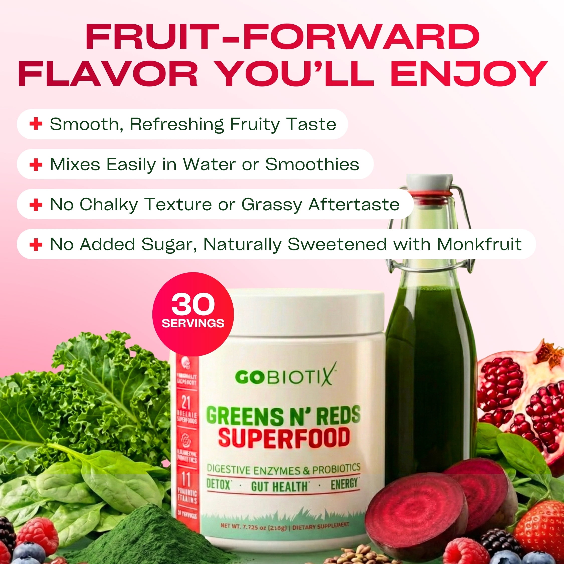 GoBiotix Super Greens & Reds Organic Super Greens Powder with Probiotics for Digestion, 30 Servings, Reds Flavor
