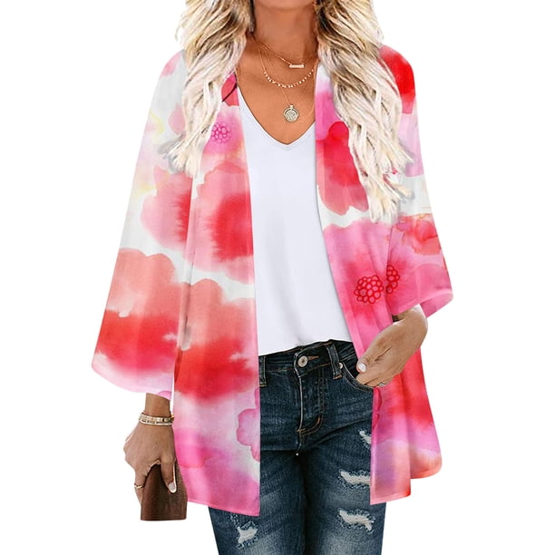 Cárdigan para mujer, estampado floral, manga abullonada, tipo kimono, holgado, de gasa, informal, para cubrirse