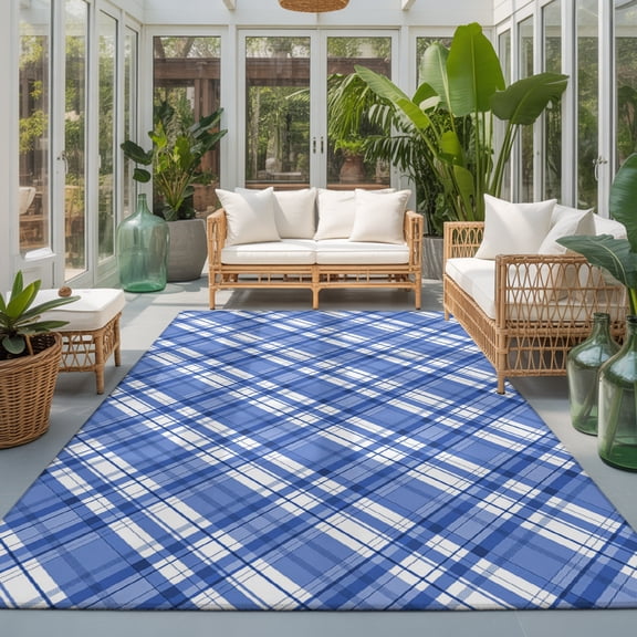 Navy Blue Plaid Washable Living Room Rugs 6'x9', Navy Blue White Grids Geometric Washable Throw Large Area Rug Non-Slip Sturdy Edge Binding Carpet for Dining Room Kitchen Office