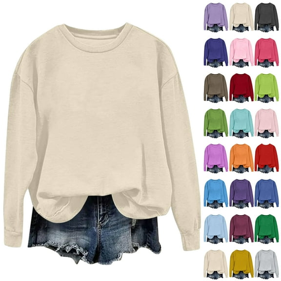Vibrex Women's Crewneck Sweatshirt, Loose Fit Long Sleeve Basic Top for Casual Loungewear, Soft Solid Color Pullover